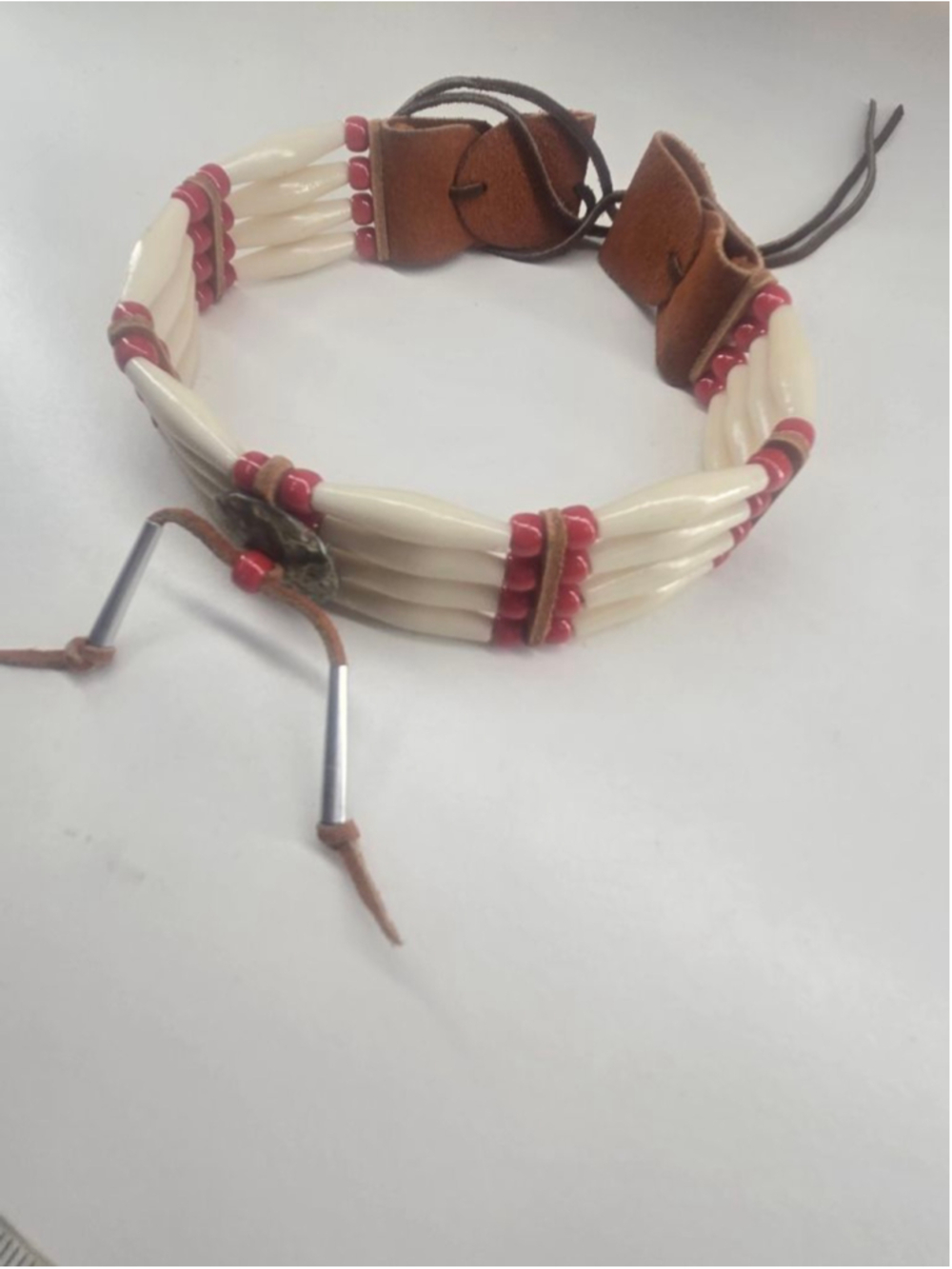 Native American White & Red Bone Choker Necklace Indigenous Handcrafted Leather
